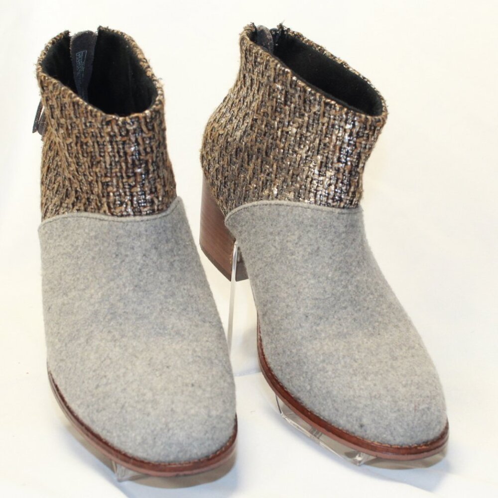 TOMS Size 7 Gray Felt and Metallic Boucle LEILA Back Zip Block Heel Ankle Boots